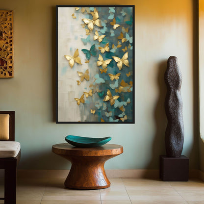 Butterflies Teal Gold Modern Art Framed Canvas