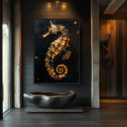 Golden Sea Horse Nautical Art Framed Canvas