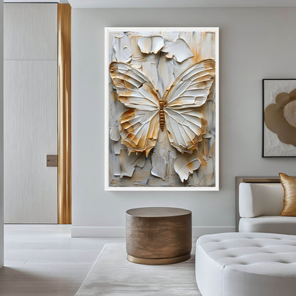 Butterfly White & Gold Modern Art Framed Canvas