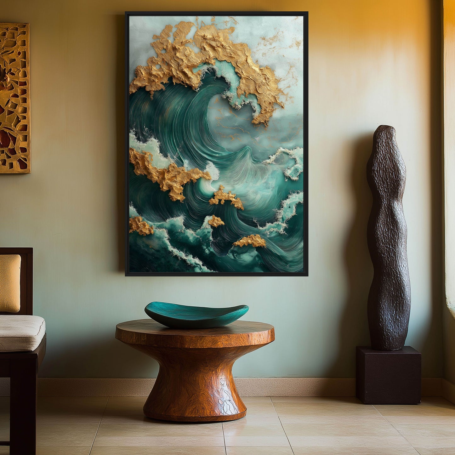 Teal Gold Majestic Wave Framed Canvas