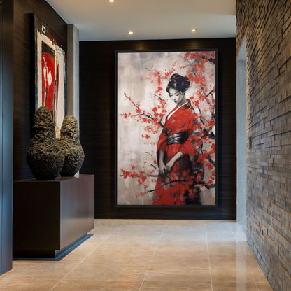 Geisha in Red Kimono Japanese Art Framed Canvas
