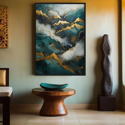 Teal & Gold Landscape Modern Art Framed Canvas