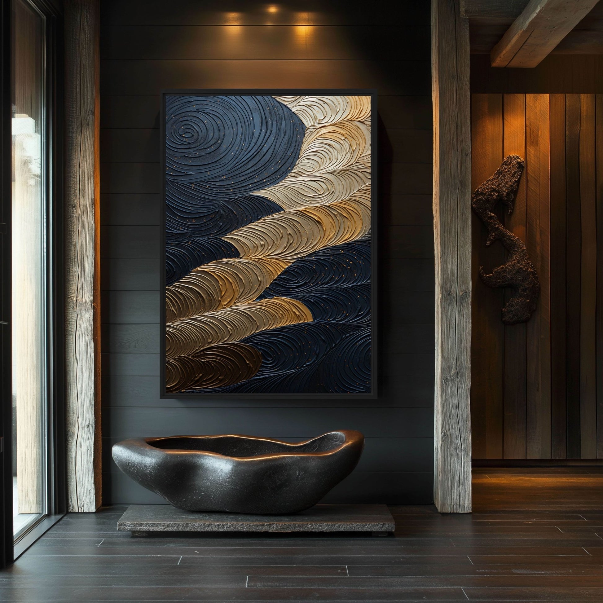 Dark Navy Gold Circles Impasto Art Framed Canvas
