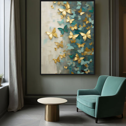 Butterflies Teal Gold Modern Art Framed Canvas