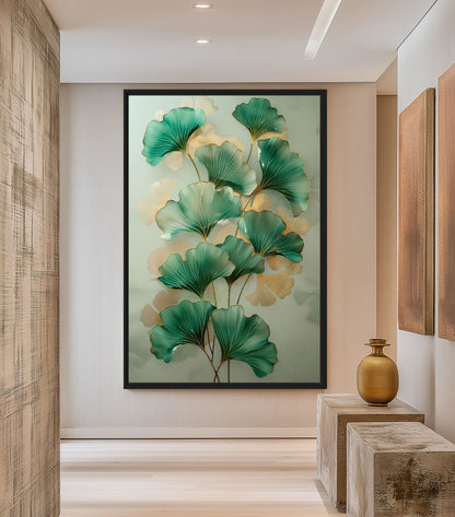 Green Ginkgo Leaves Covered In Gold Framed Canvas
