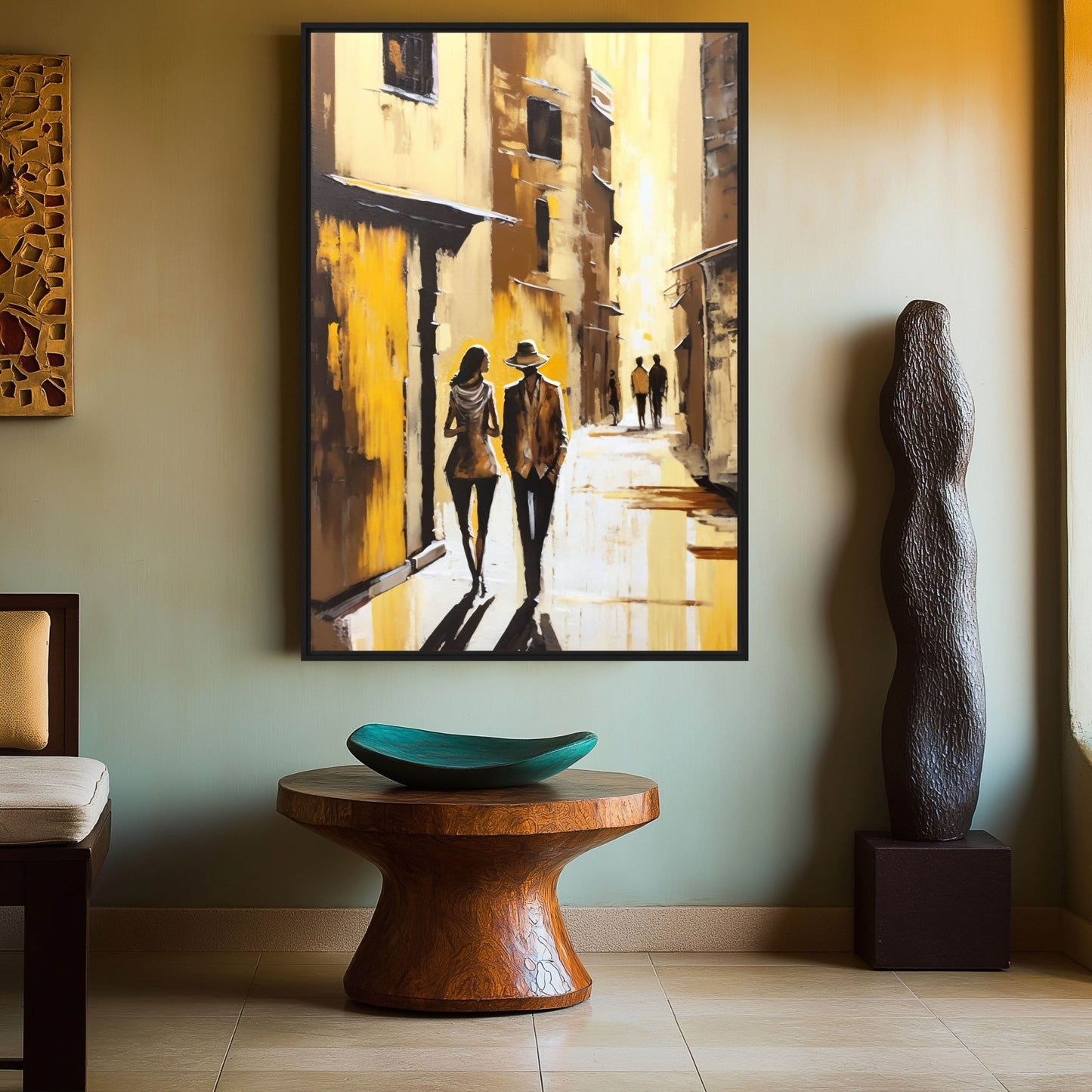 Couple In Love Yellow City Abstract Art Framed Canvas