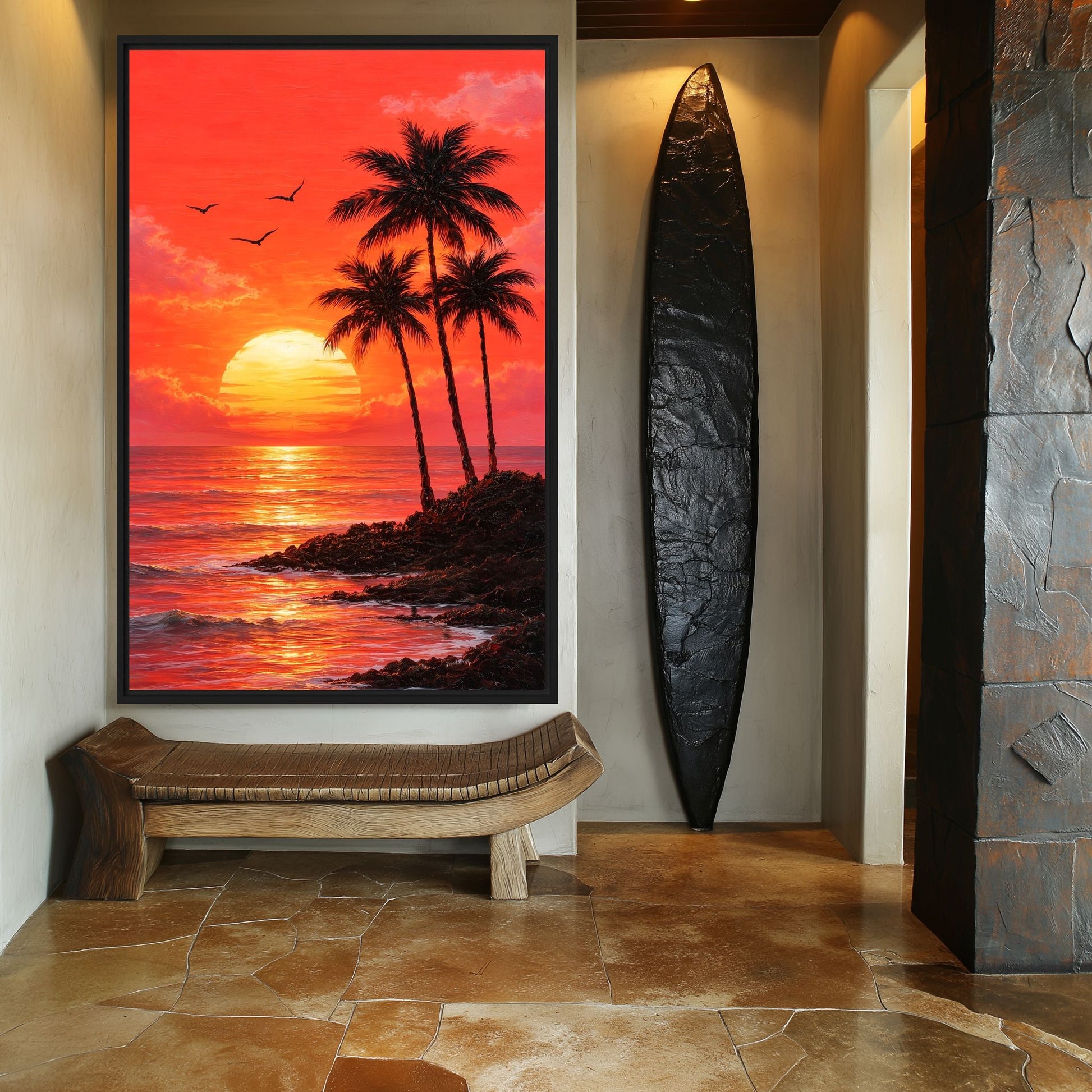 Palm Tree Sunset Coastal Art Framed canvas - PaintFu