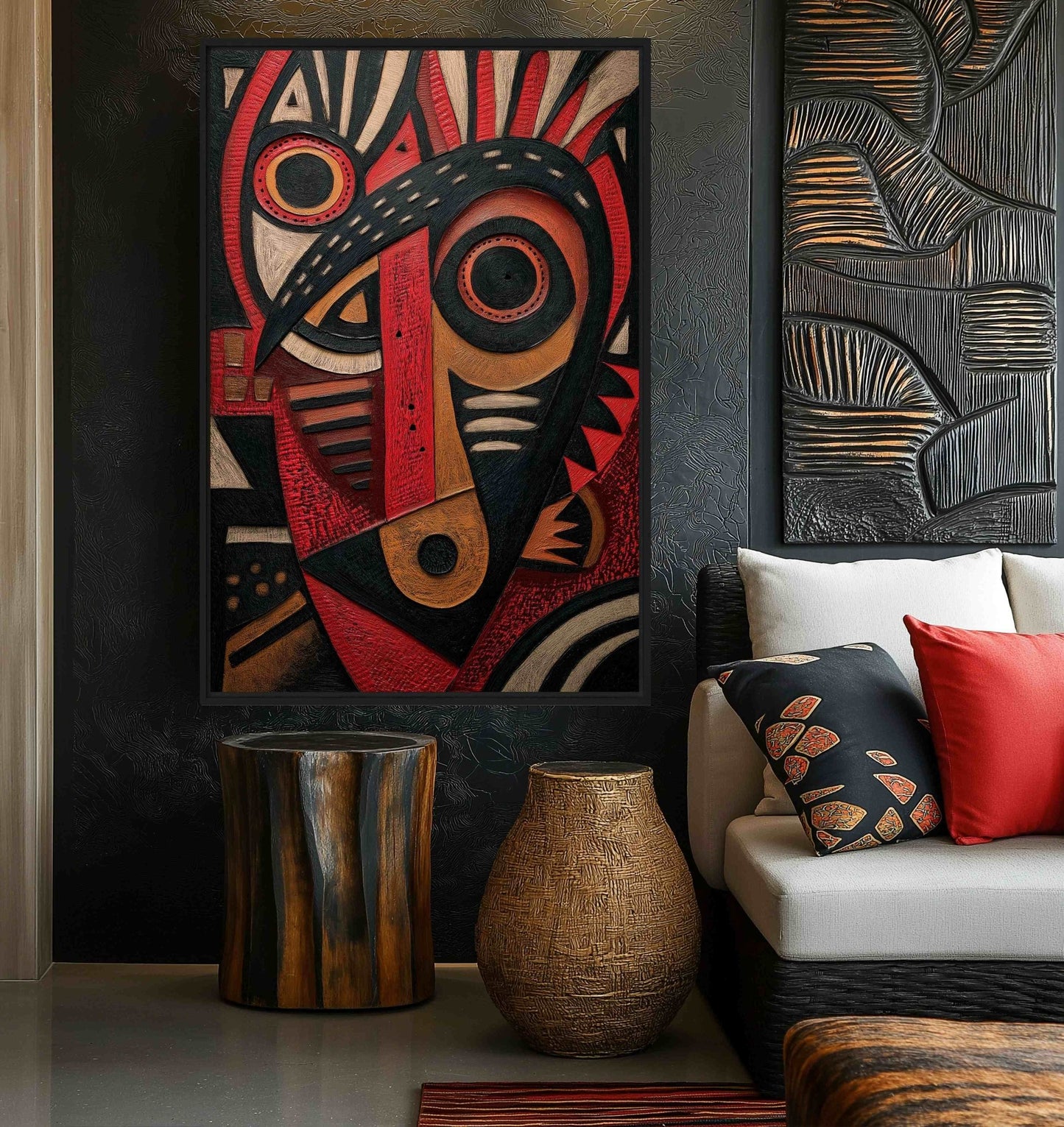 African Abstract Folk Art Framed Canvas