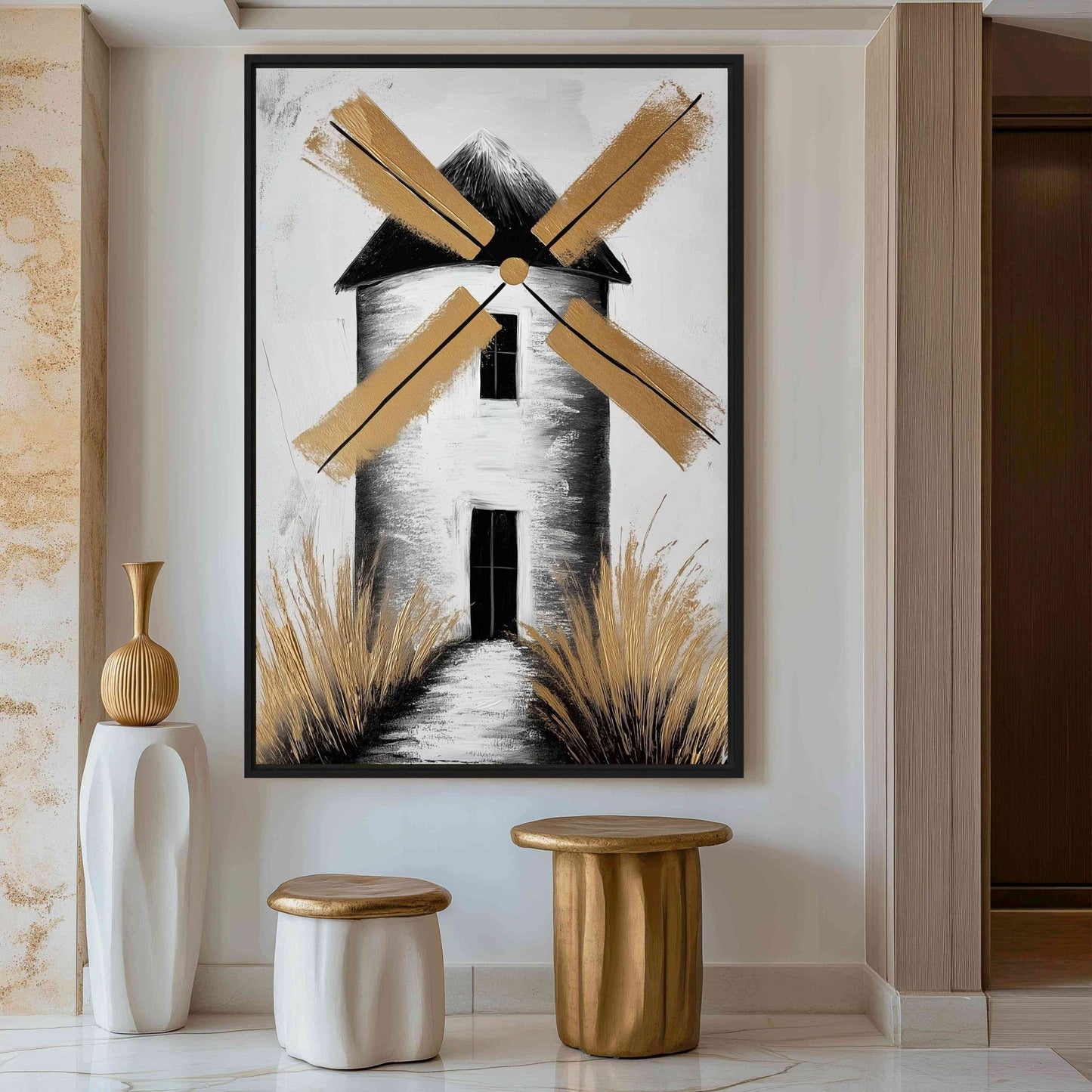 Windmill Landscape Art Framed Canvas