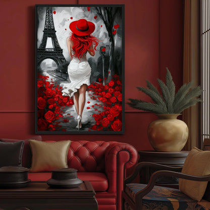 Woman In Paris Romantic Art Framed Canvas - PaintFu