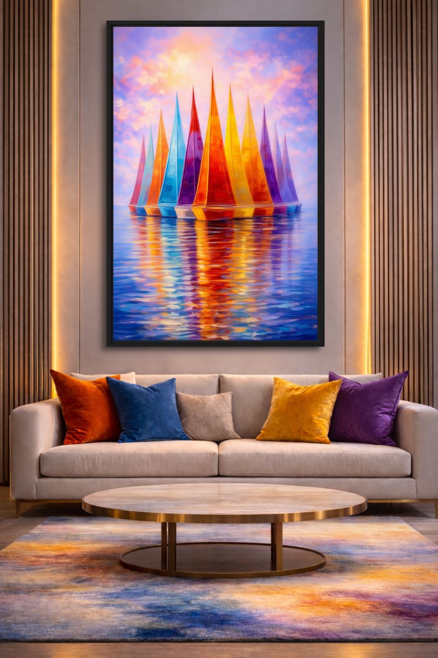 Colorful Sailboats Nautical Art Framed Canvas - PaintFu