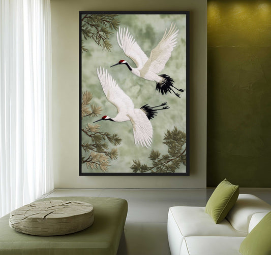 Cranes Vintage Japanese Art Framed Canvas
