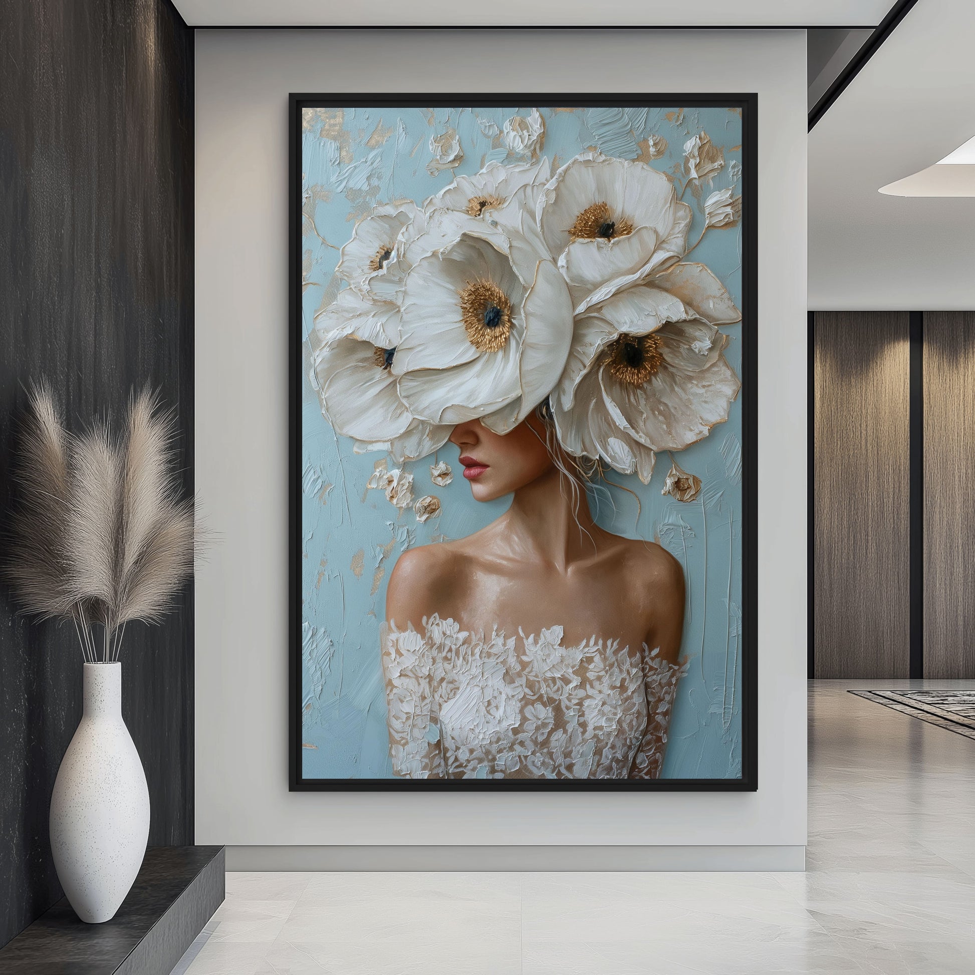Woman Flowerhead Modern Art Framed Canvas - PaintFu