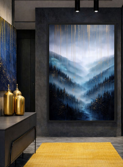 Blue Misty Forest Landscape Art Framed Canvas - PaintFu
