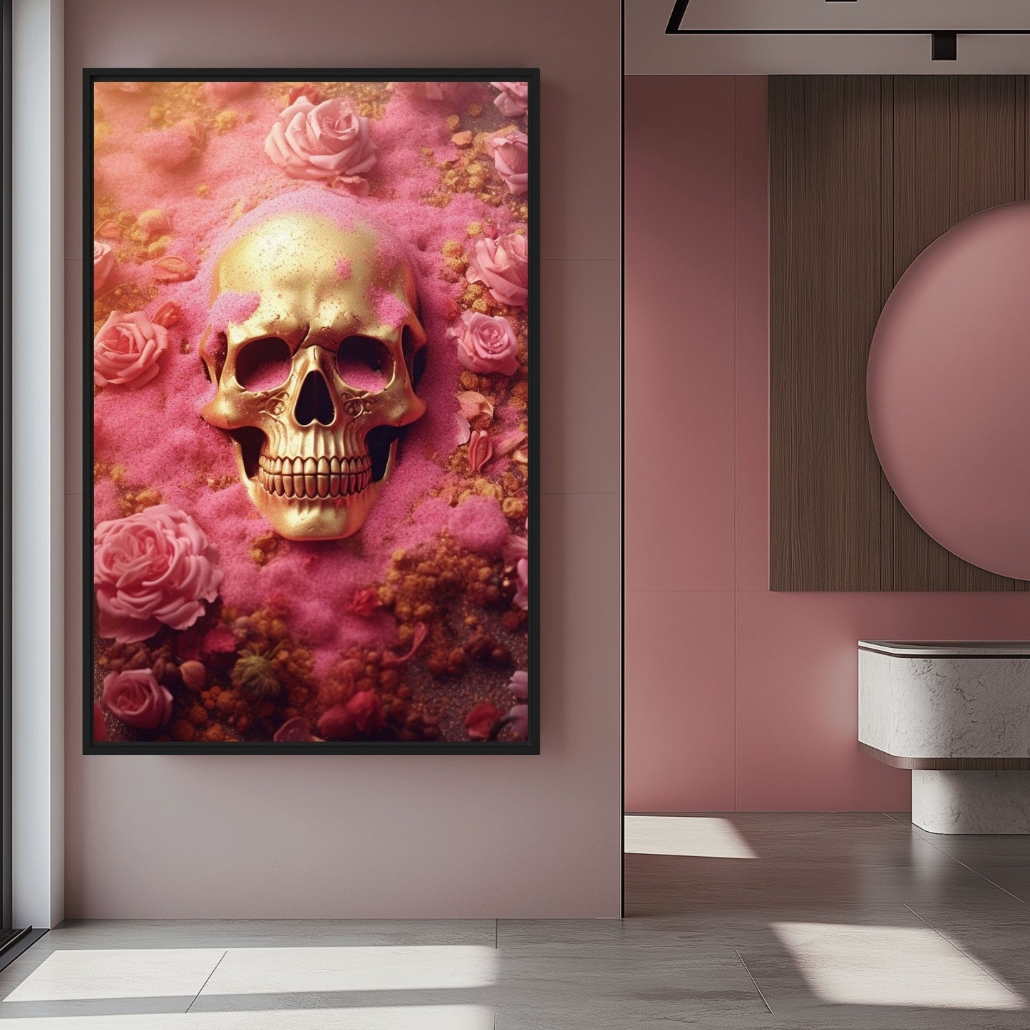 Skull In Pink Flowers Framed Canvas