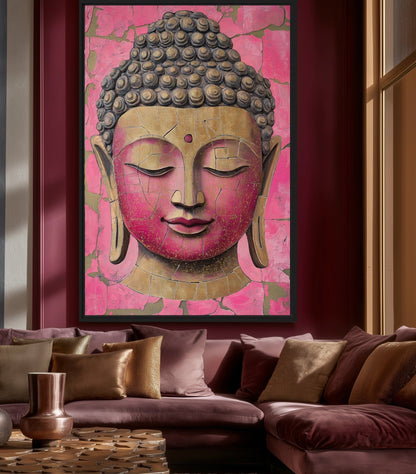 Pink & Gold Buddha Portrait Framed Canvas - PaintFu