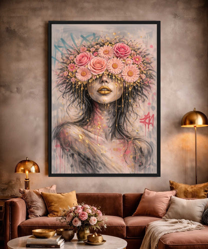 Graffiti Floral Woman Framed Canvas - PaintFu