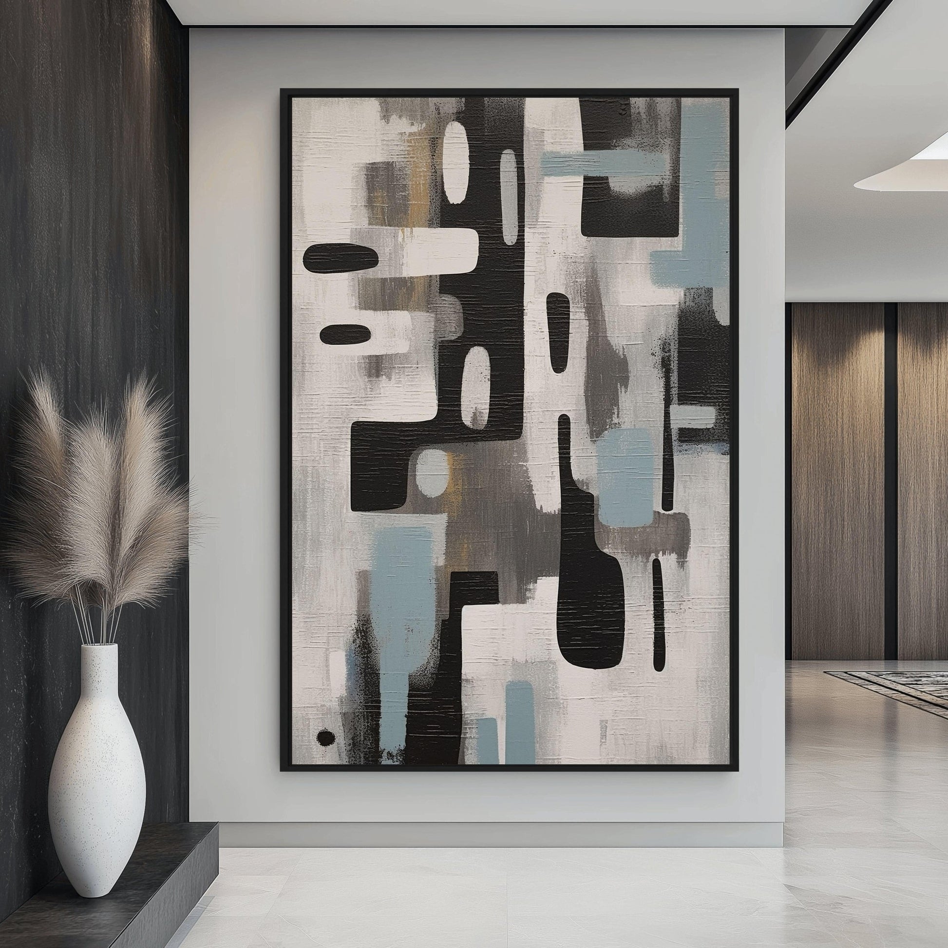 Grey Black Blue Modern Art Framed Canvas