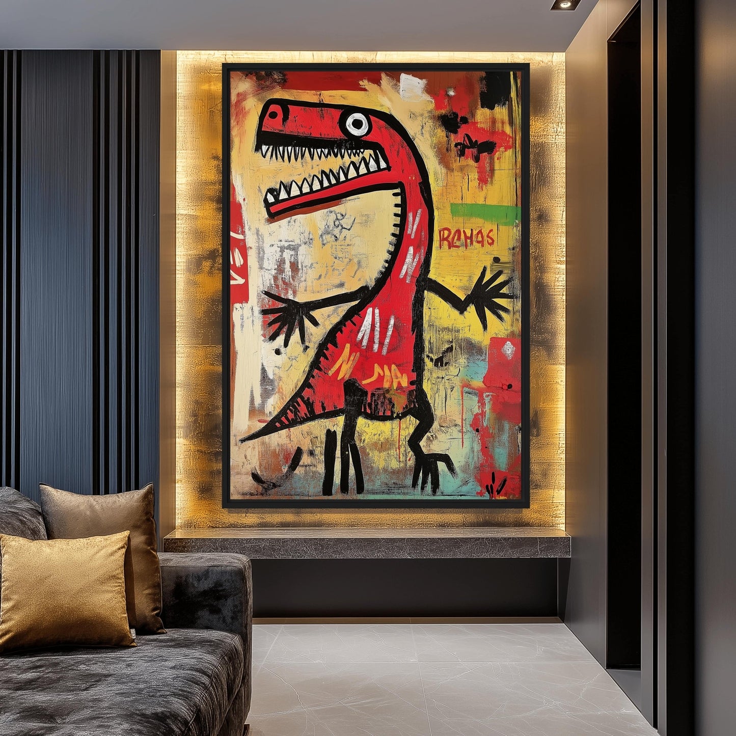 Dinosaur Basquiat Style Art Framed Canvas