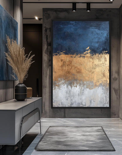 Navy Gold Grey Modern Art Framed Canvas
