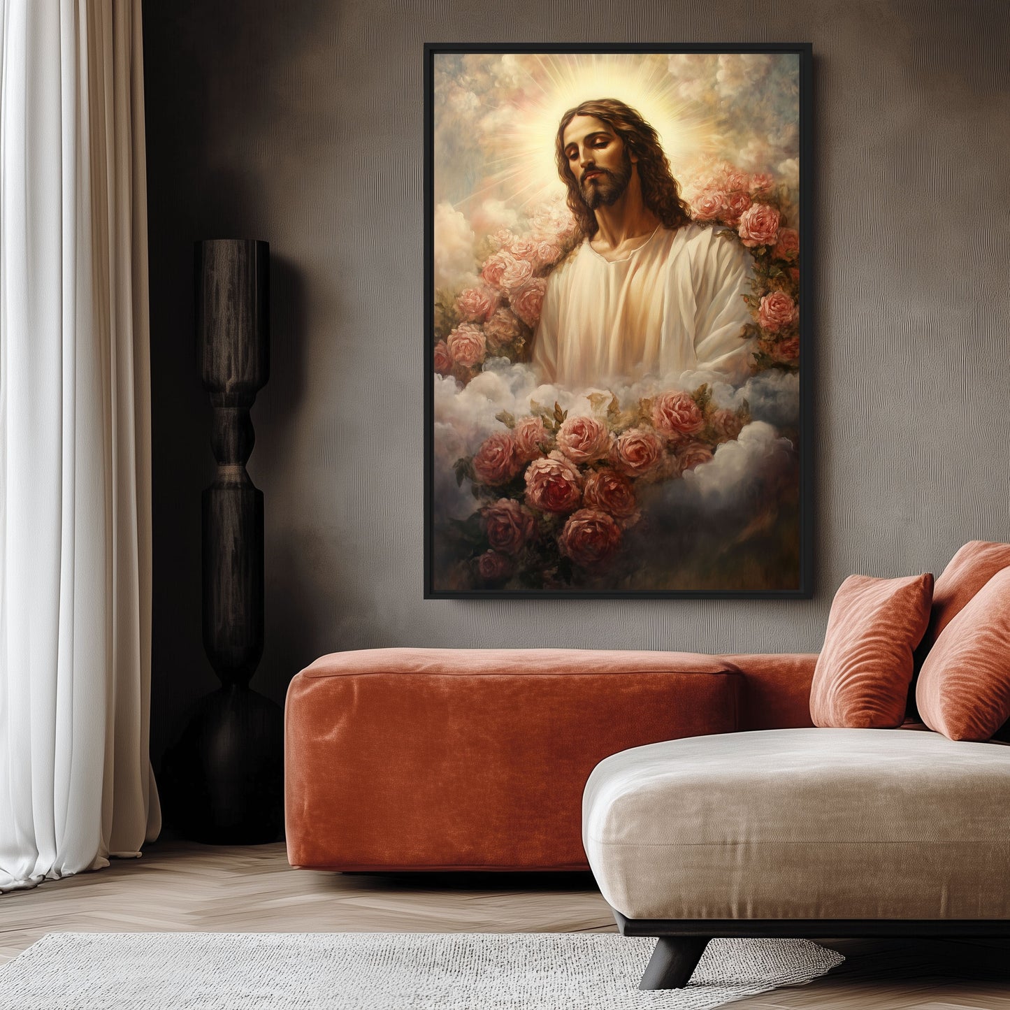 Jesus Christ Among Flowers Religious Art Framed Canvas