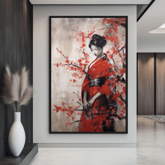Geisha in Red Kimono Japanese Art Framed Canvas - PaintFu