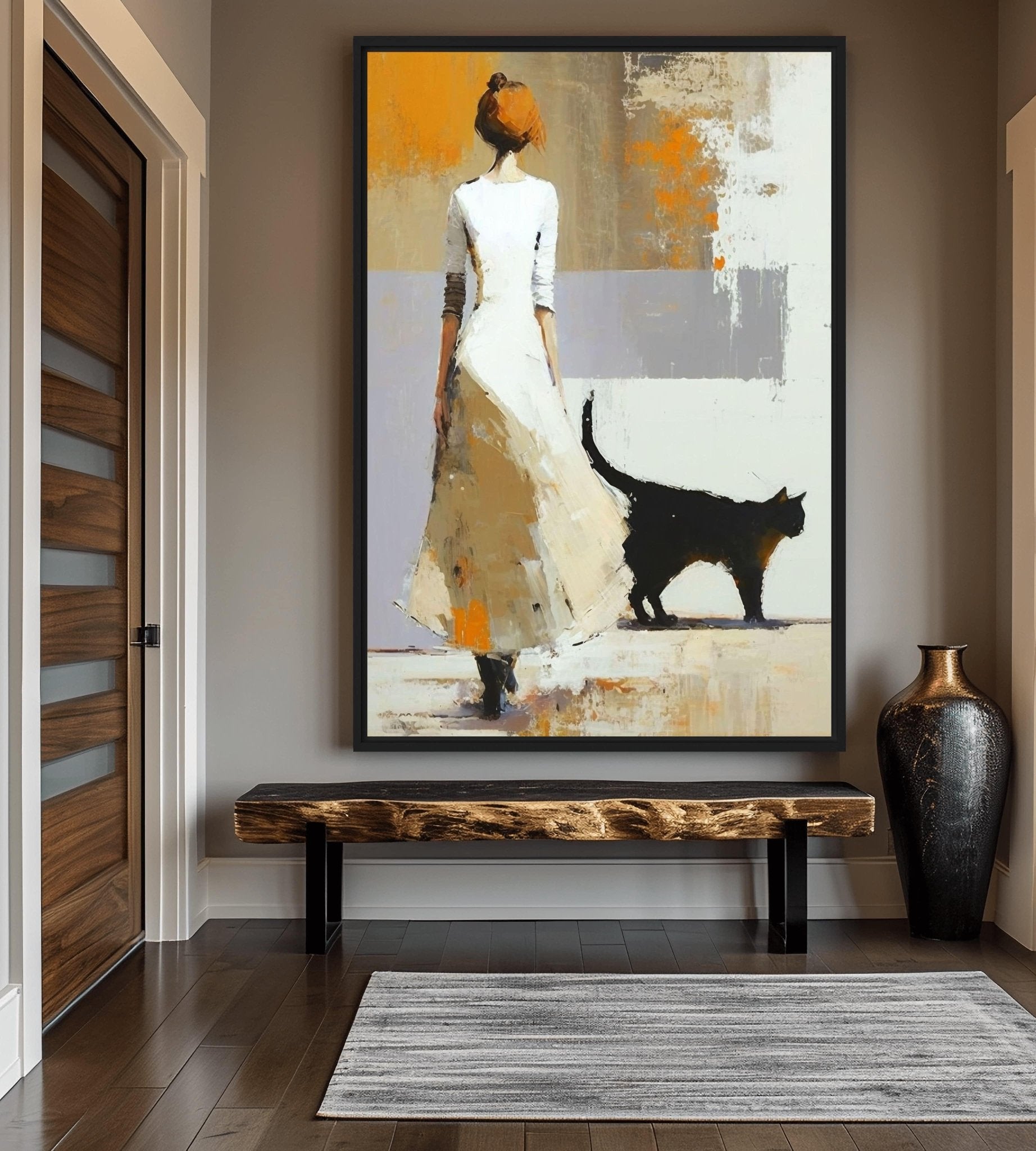 Woman with Black Cat Modern Art Framed Canvas