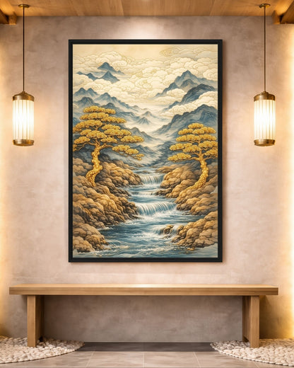 Waterfall Japanese Art Framed Canvas - PaintFu