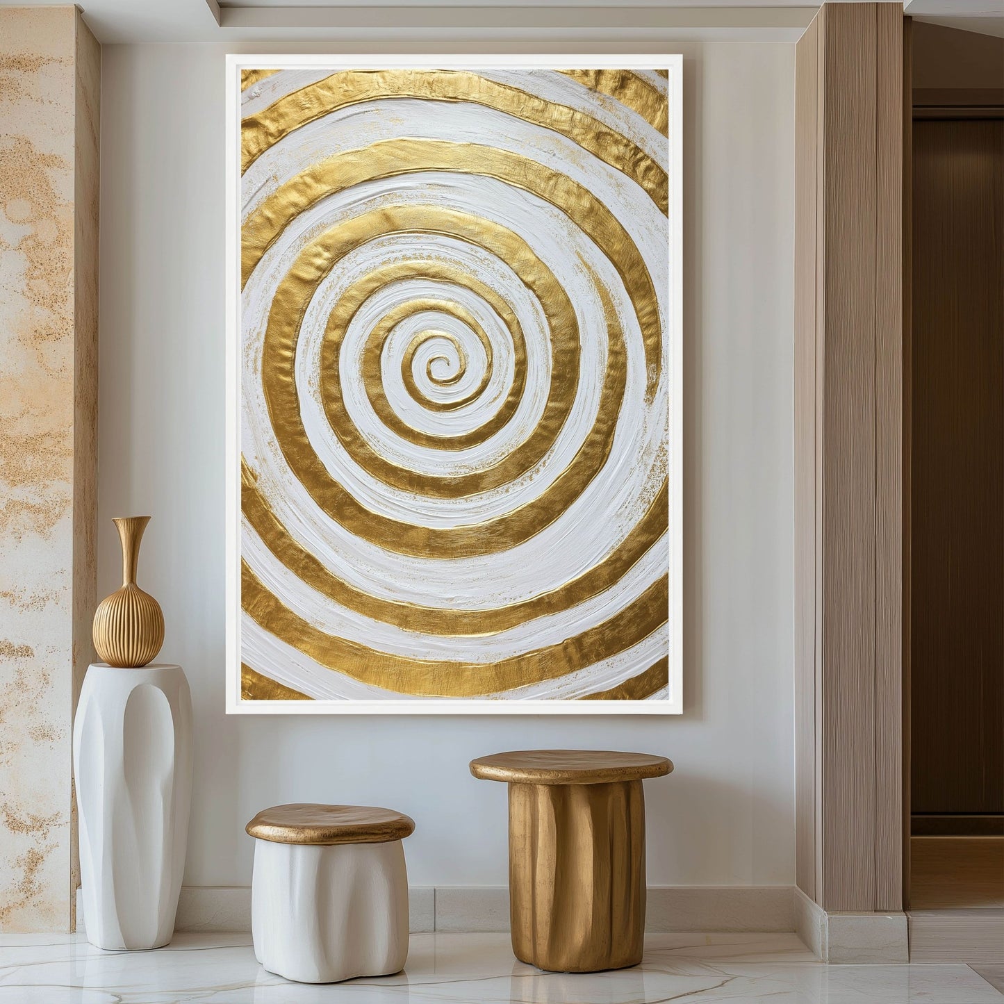 Gold & White Spiral Modern Art Framed Canvas
