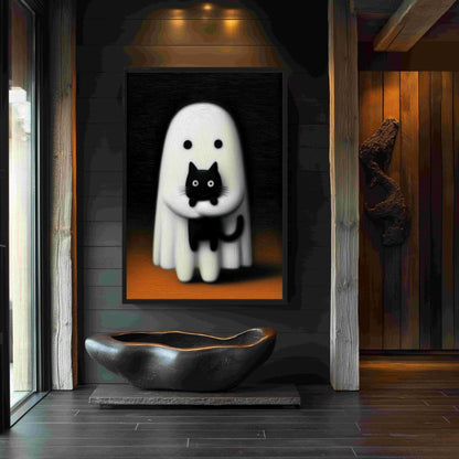 Cute Ghost With Black Cat Canvas Print Detail | PaintFu