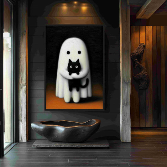 Cute Ghost With Black Cat Framed Canvas