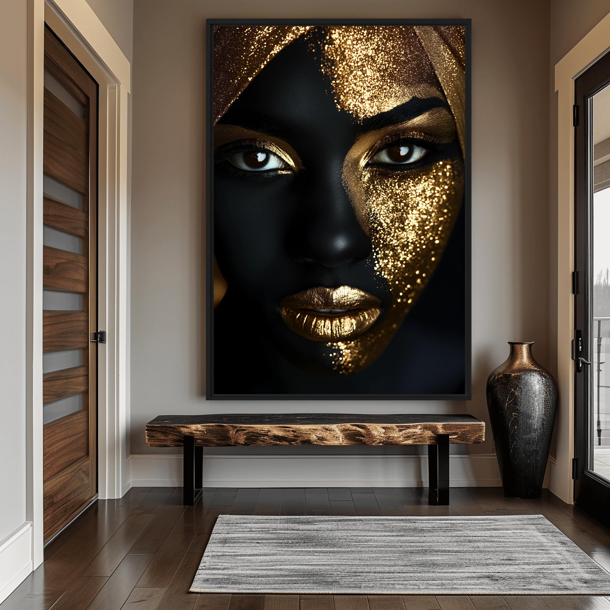 African Woman In Gold Glitter Framed Canvas - PaintFu