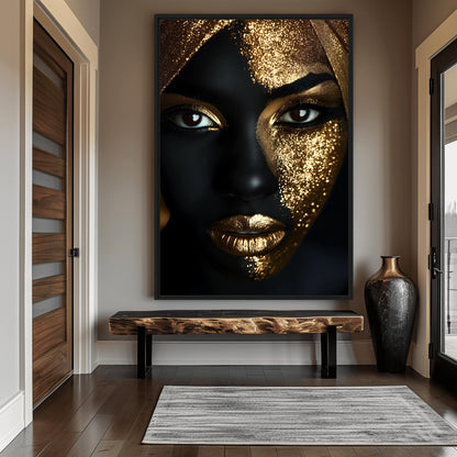African Woman In Gold Glitter Framed Canvas