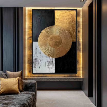 Gold Abstract Sun Framed Canvas - PaintFu