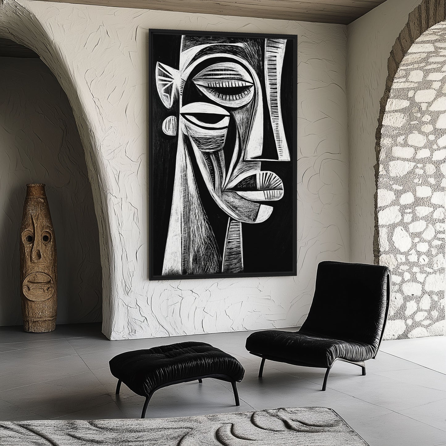 African Abstract Art Black & White Framed Canvas