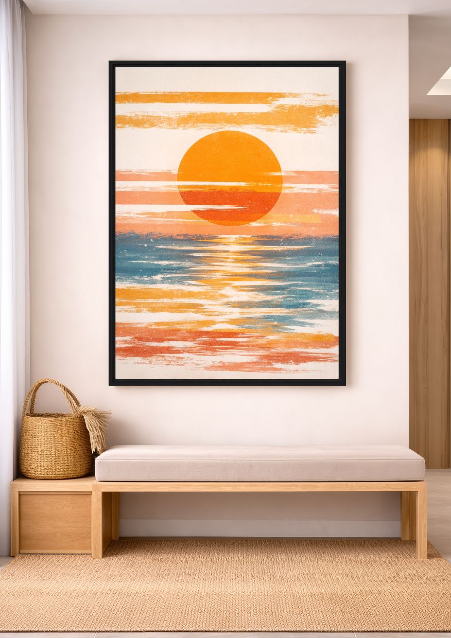 Retro Ocean Sunset Art Framed canvas - PaintFu