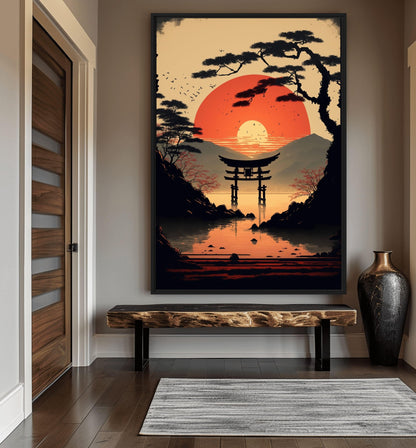 Japanese Sunset Minimalist Art Framed Canvas