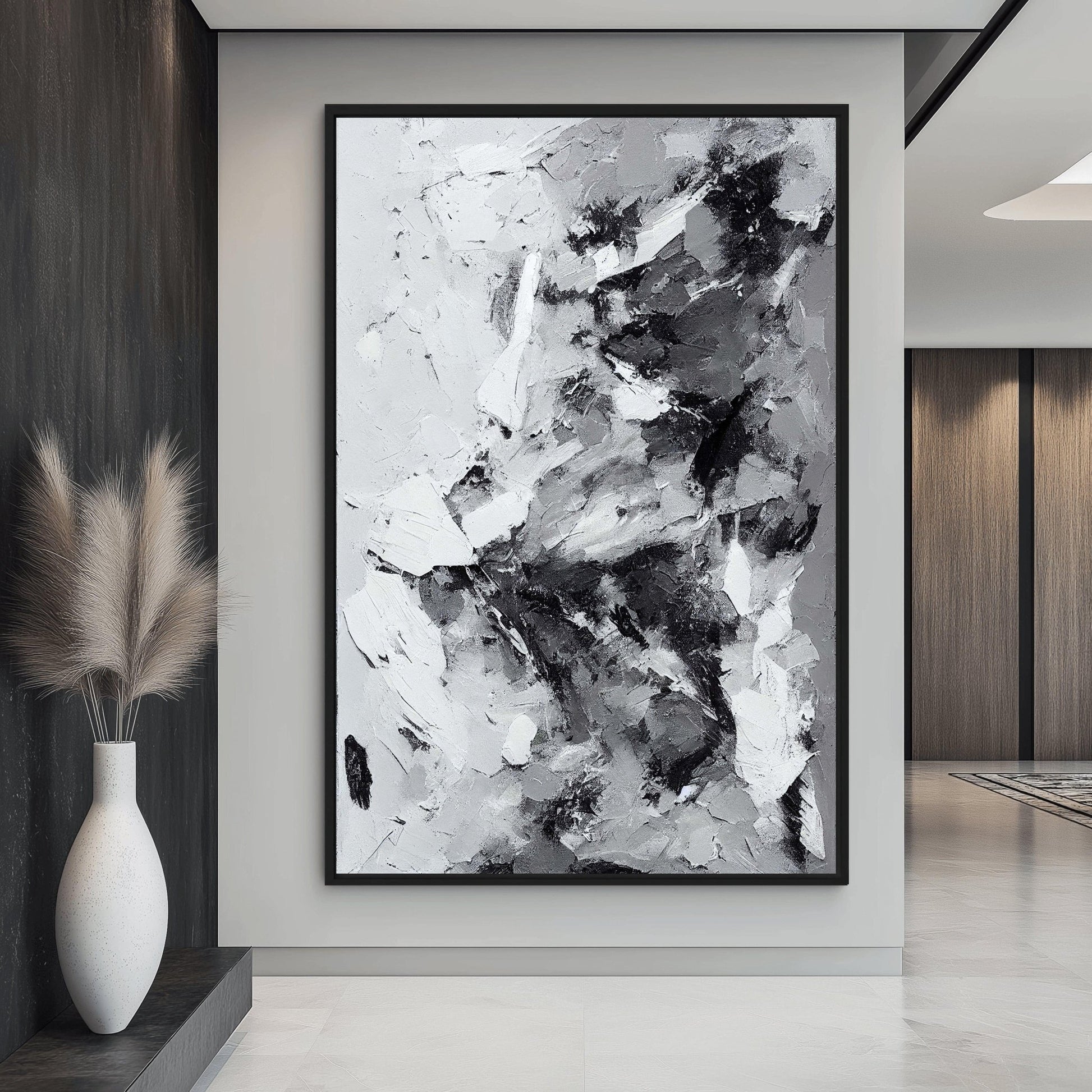 Grey White Black Modern Art Framed Canvas