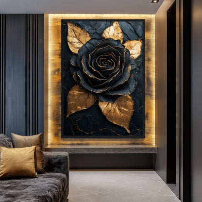 Black & Gold Rose Floral Art Framed Canvas