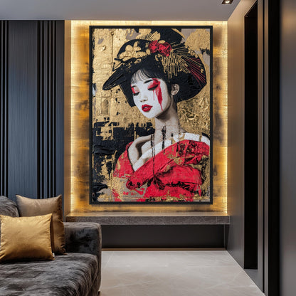 Geisha In Red Kimono Japanese Art Framed Canvas