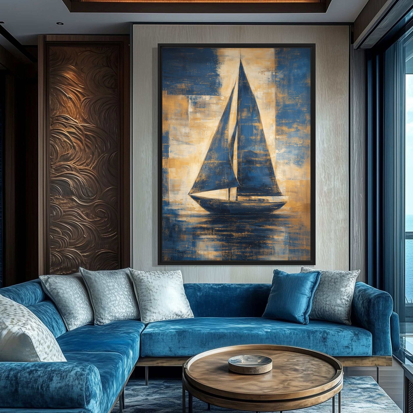 Navy Gold Sailboat Modern Art Framed Canvas - PaintFu