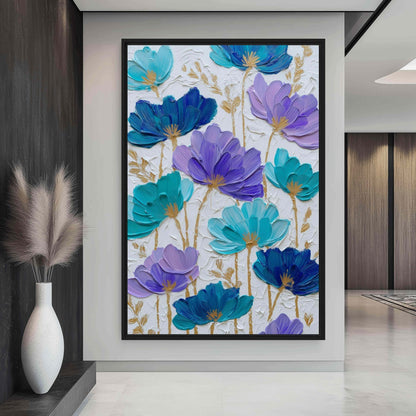 Teal Purple Floral Art Framed Canvas - PaintFu