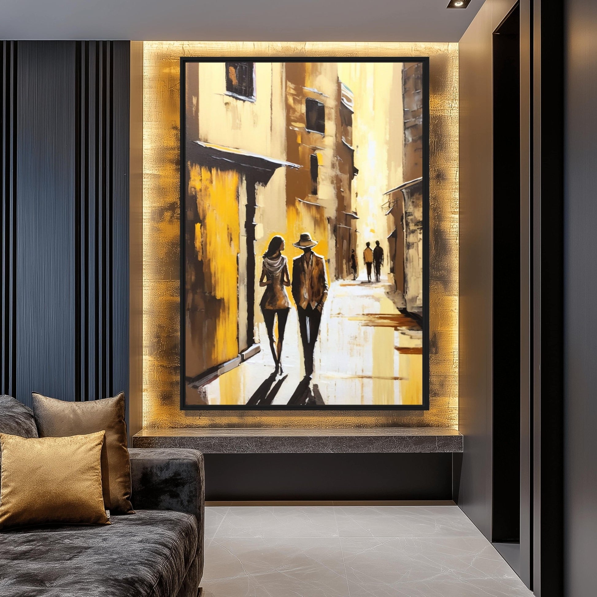 Couple In Love Yellow City Abstract Art Framed Canvas