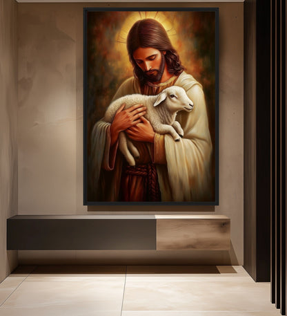 Jesus with Lamb Religious Art Framed Canvas - PaintFu