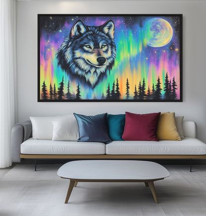 Northern Lights Wolf Wildlife Art Framed Canvas - PaintFu