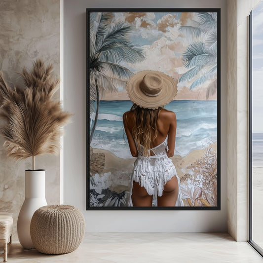Woman In Summer Hat Beach Art Framed Canvas
