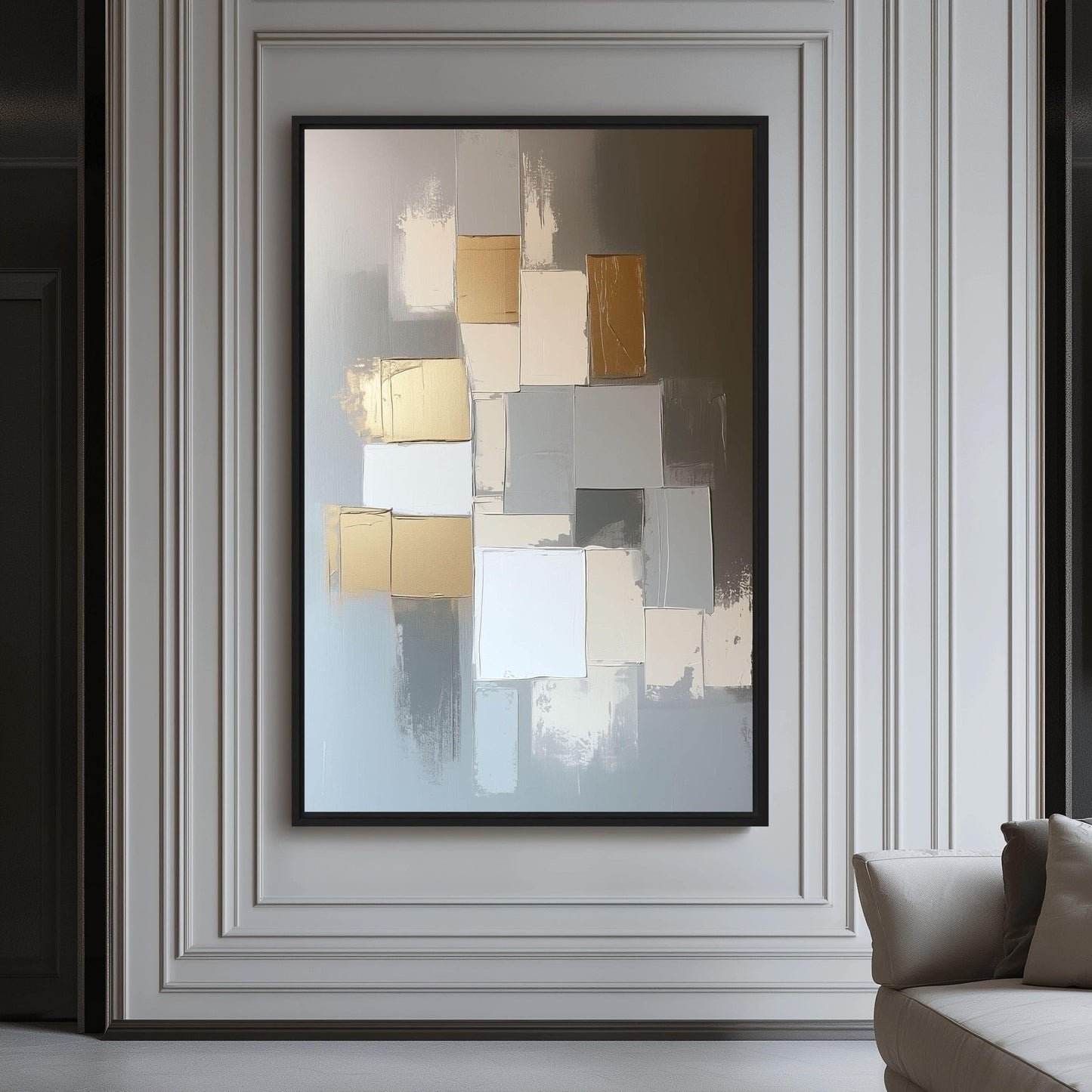Gold Beige & Grey Geometric Art Framed Canvas