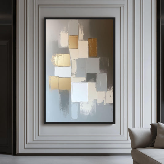 Gold Beige & Grey Geometric Art Framed Canvas