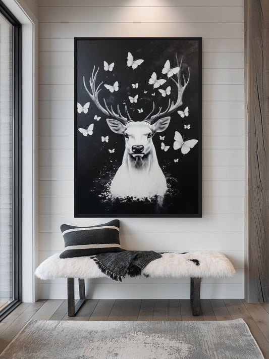 Deer Among Butterflies Framed Canvas