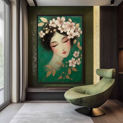 Geisha Floral Portrait Framed Canvas - PaintFu